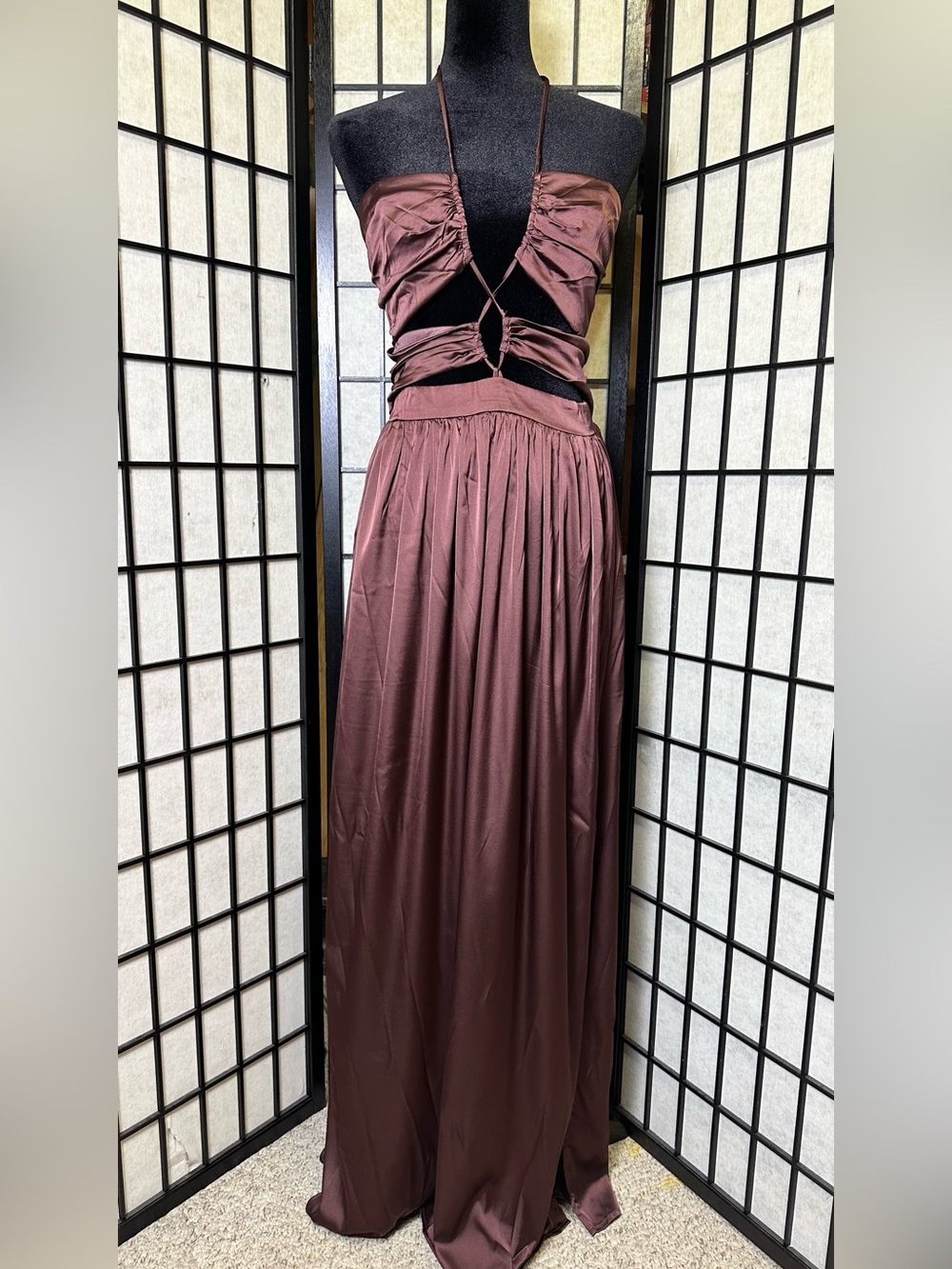 MISS AVENUE Satin Halter Cutout Maxi Dress